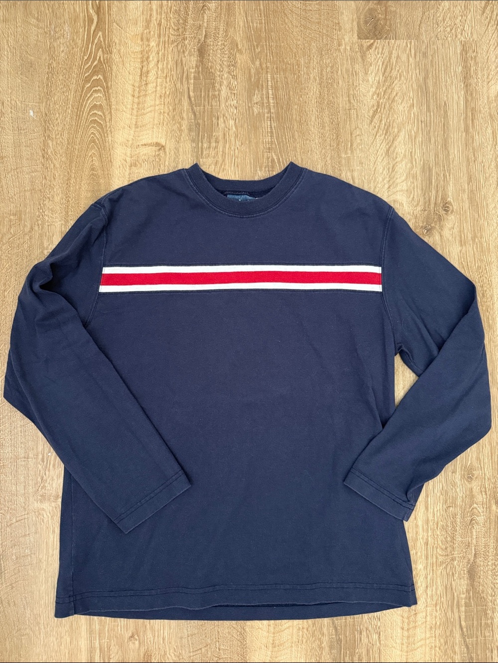 L.L. Bean Navy Long-Sleeve Crewneck with Red & White Stripe